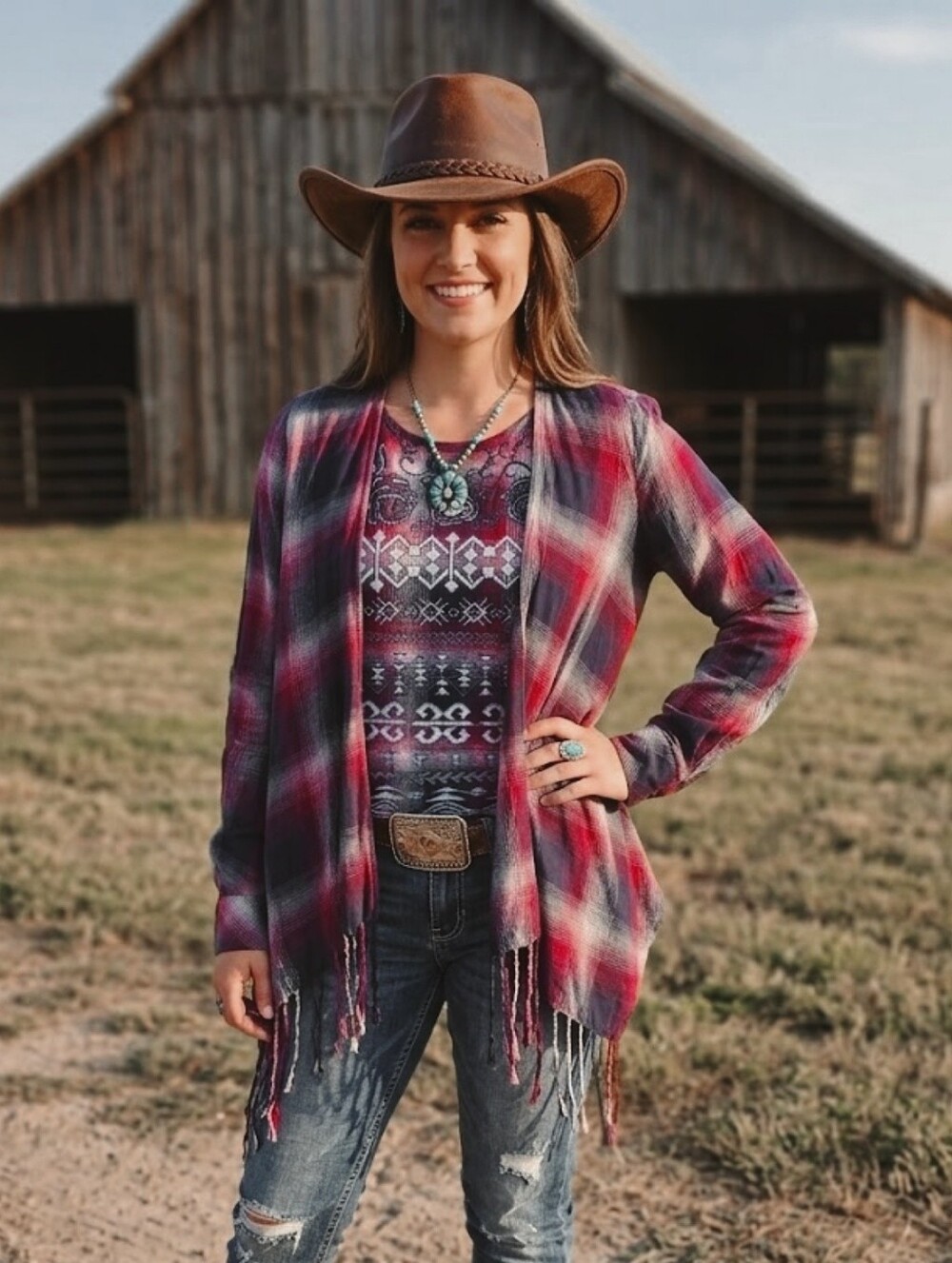 Stetson Open-front Plaid Cardigan Wrap S